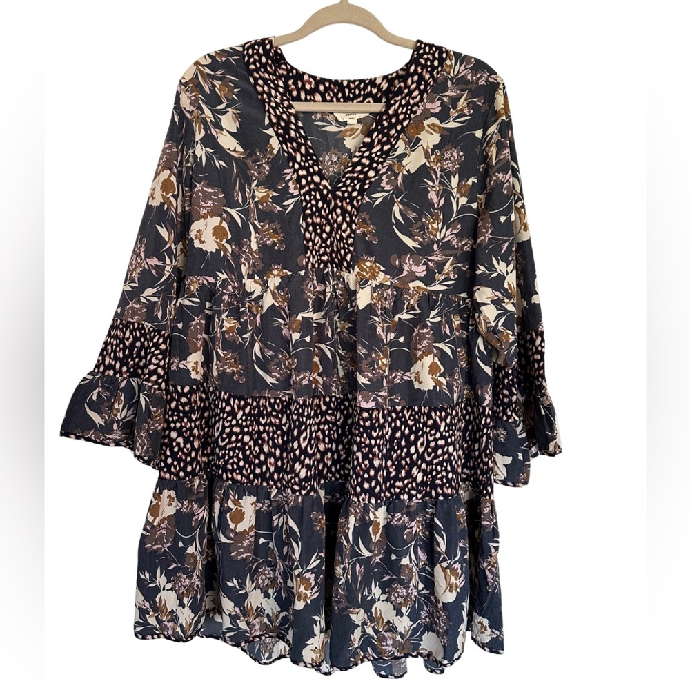 Entro Boho Tiered Mini Dress Size L, Floral & Animal Print Mix, 3/4 Bell Sleeves